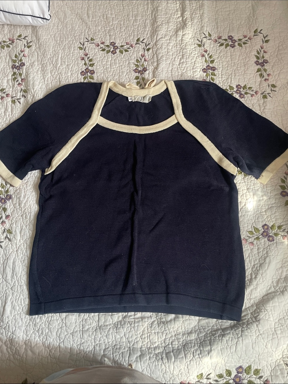 Valentino Navy Short-Sleeve Top with Cream Trim
